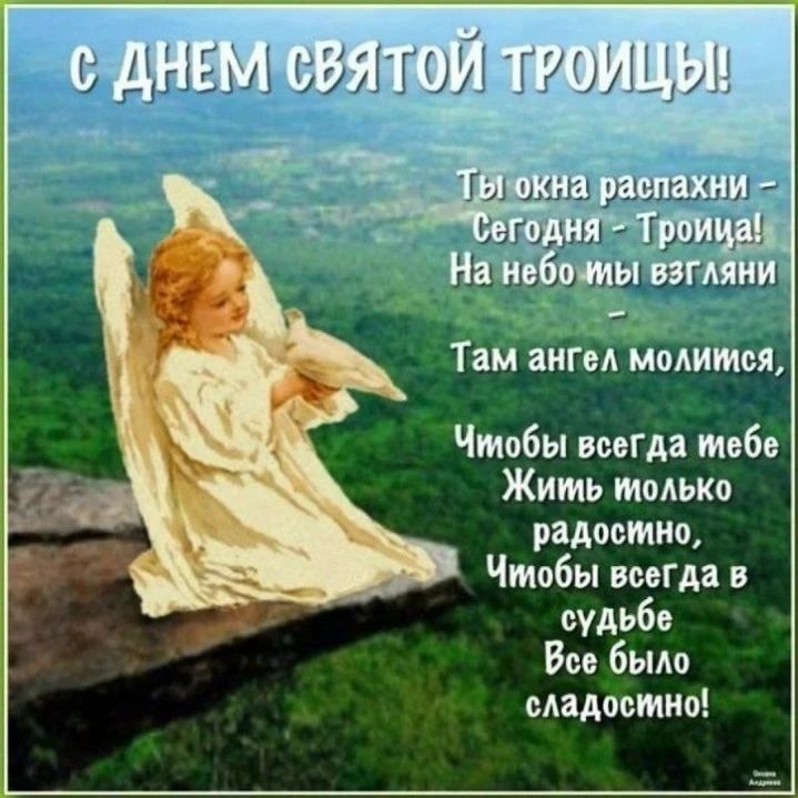 С ДНЕМ СВЯТОЙ ТРОИЦЫ! Ты окна распахни – Сегодня – Троица! На небо мы взгляни – Там ангел молится, Чтобы всегда тебе Жить только радостно, Чтобы всегда в судьбе Все было сладостно!