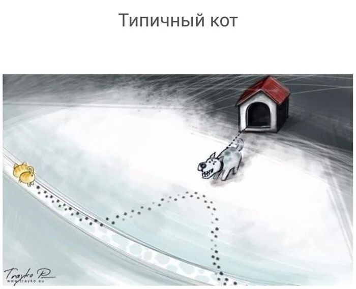 Типичный кот. Иллюстрация, где собака привязана к будке, а кот свободно гуляет, оставляя следы.