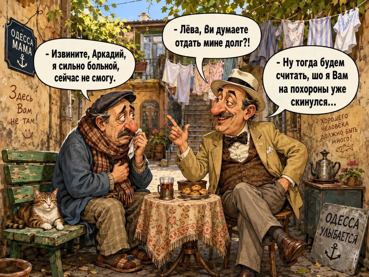 - Извините, Аркадий, я сильно больной, сейчас не смогу. - Лёва, Ви думаете отдать мине долг?! - Ну тогда будем считать, шо я Вам на похороны уже скинулся...