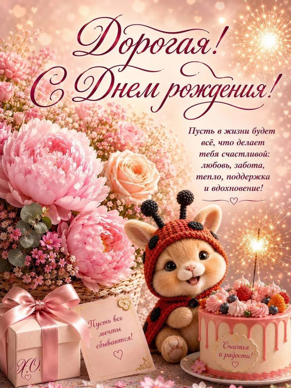 Дорогая! С Днем рождения! Пусть в жизни будет всё, что делает тебя счастливой: любовь, забота, тепло, поддержка и вдохновение! Пусть все мечты сбываются! Счастья и радости!