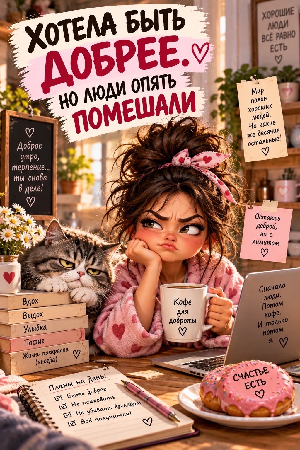 Хотела быть добрее, но люди опять помешали. Доброе утро, терпение... ты снова в деле! Мир полон хороших людей. Но какие же бесячие остальные! Остаюсь доброй, но с лимитом. Сначала люди. Потом кофе. И только потом я. Вдох, выдох, улыбка, пофиг, жизнь прекрасна (иногда). Кофе для доброты. Планы на день: Быть добрее, Не психовать, Не убивать
