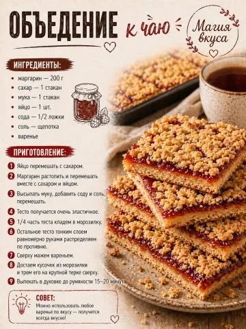 Объедение к чаю. Магия вкуса. Ингредиенты: маргарин – 200 г, сахар – 1 стакан, мука – 1 стакан, яйцо – 1 шт., сода – 1/2 ложки, соль – щепотка, варенье. Приготовление: 1. Яйцо перемешать с сахаром. 2. Маргарин растопить и перемешать вместе с сахаром и яйцом. 3. Высыпать муку, добавить соду и соль, перемешать. 4. Тесто получается очень эластичное.