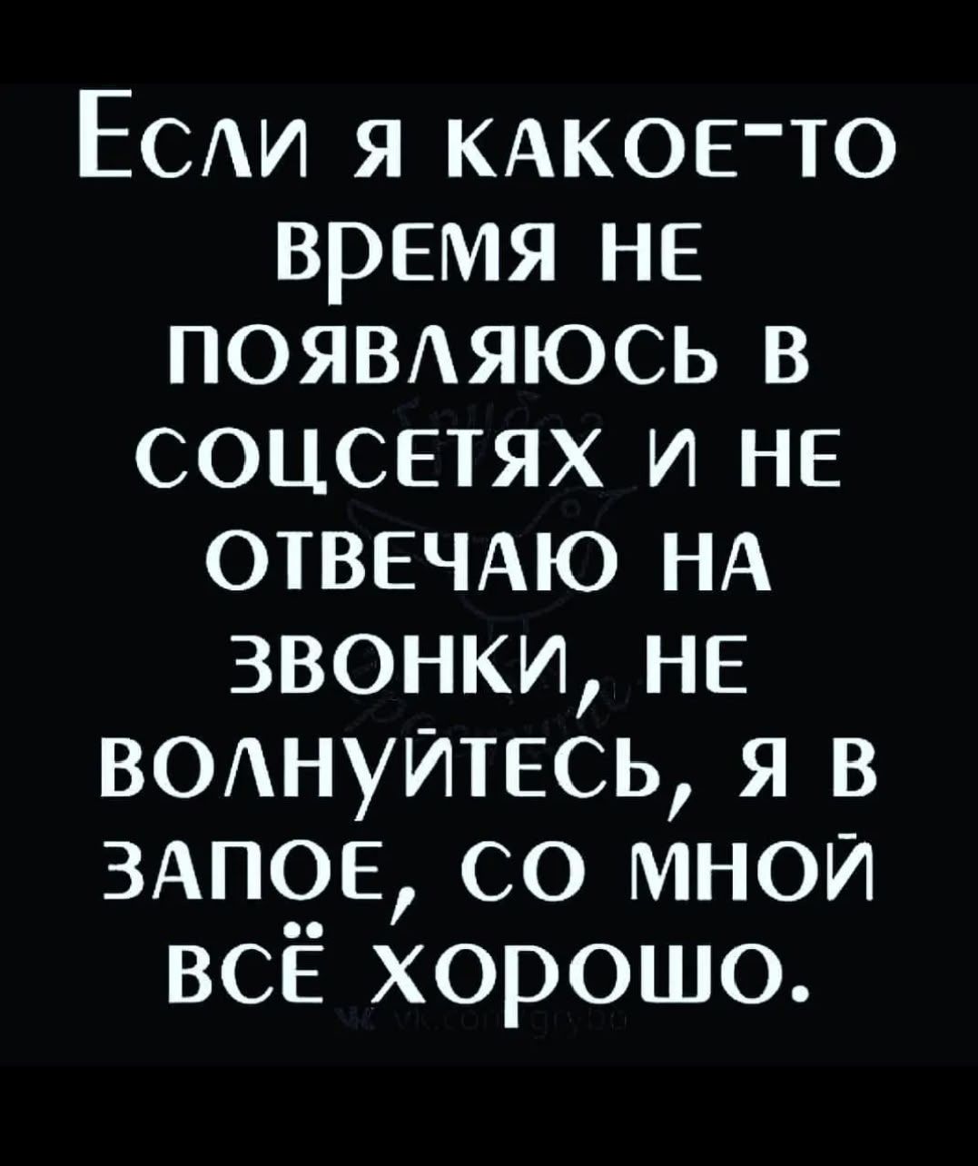 Если я какое-то время не появляюсь в соцсетях и не отвечаю на звонки, не волнуйтесь, я в запое, со мной всё хорошо.