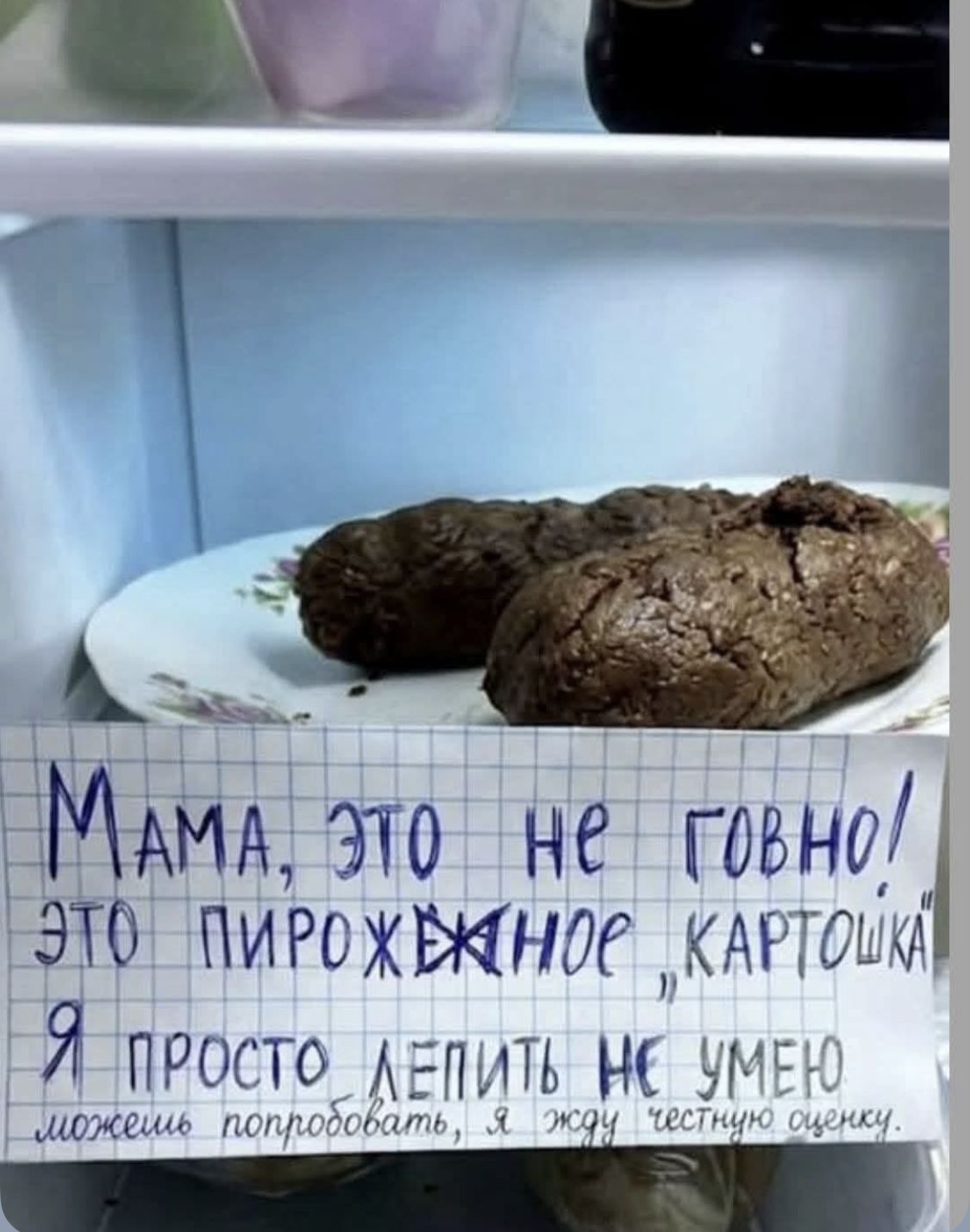 Мама, это не говно! Это пирожное картошка, я просто лепить не умею, можешь попробовать, я жду честную оценку.