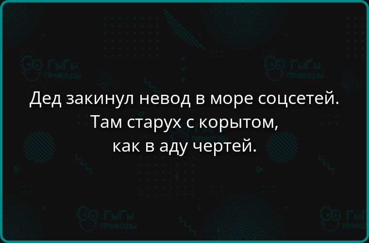 Дед закинул невод в море соцсетей. Там старух с корытом, как в аду чертей.