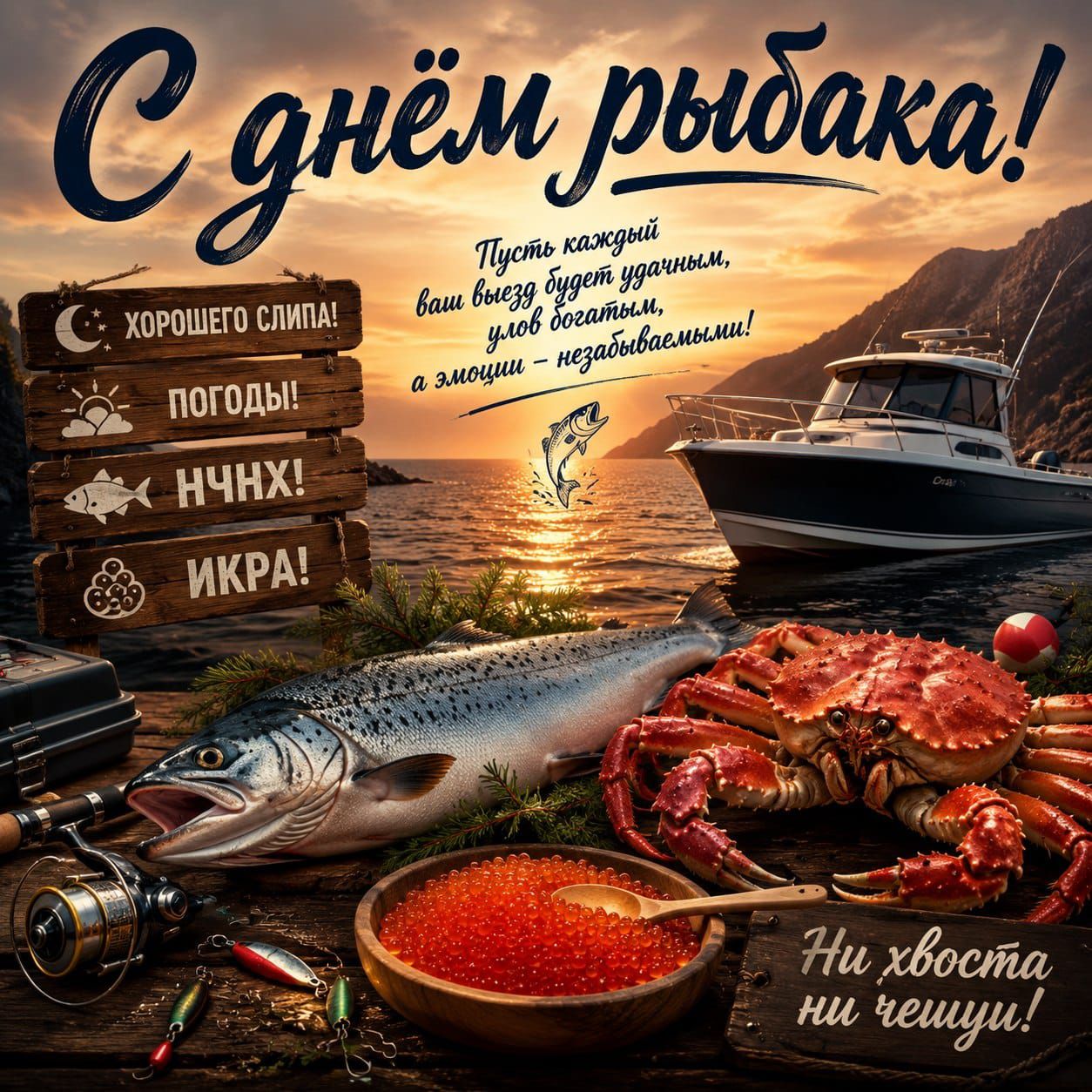 С днём рыбака! Пусть каждый ваш выезд будет удачным, улов богатым, а эмоции – незабываемыми! Хорошего слипа! Погоды! НЧНХ! Икра! Ни хвоста ни чешуи!