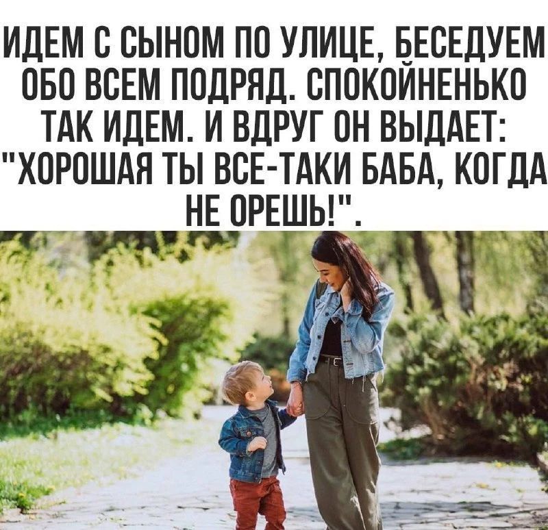 ИДЕМ С СЫНОМ ПО УЛИЦЕ, БЕСЕДУЕМ ОБО ВСЕМ ПОДРЯД. СПОКОЙНЕНЬКО ТАК ИДЕМ. И ВДРУГ ОН ВЫДАЕТ: 