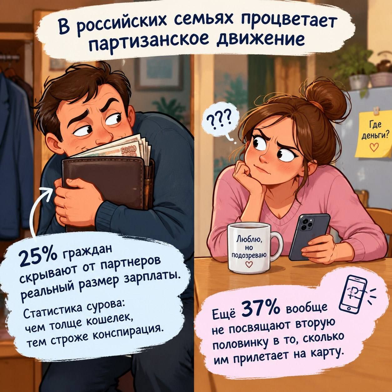 В российских семьях процветает партизанское движение. 25% граждан скрывают от партнеров реальный размер зарплаты. Статистика сурова: чем толще кошелек, тем строже конспирация. Ещё 37% вообще не посвящают вторую половинку в то, сколько им прилетает на карту. Где деньги? Люблю, но подозреваю