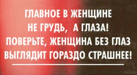 ГЛАВНОЕ В ЖЕНЩИНЕ НЕ ГРУДЬ, А ГЛАЗА! ПОВЕРЬТЕ, ЖЕНЩИНА БЕЗ ГЛАЗ ВЫГЛЯДИТ ГОРАЗДО СТРАШНЕЕ!