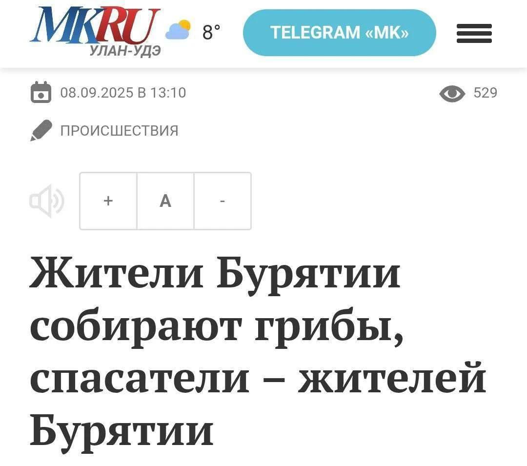 MKRU УЛАН-УДЭ 8° TELEGRAM «МК» 08.09.2025 В 13:10 529 ПРОИСШЕСТВИЯ Жители Бурятии собирают грибы, спасатели — жителей Бурятии