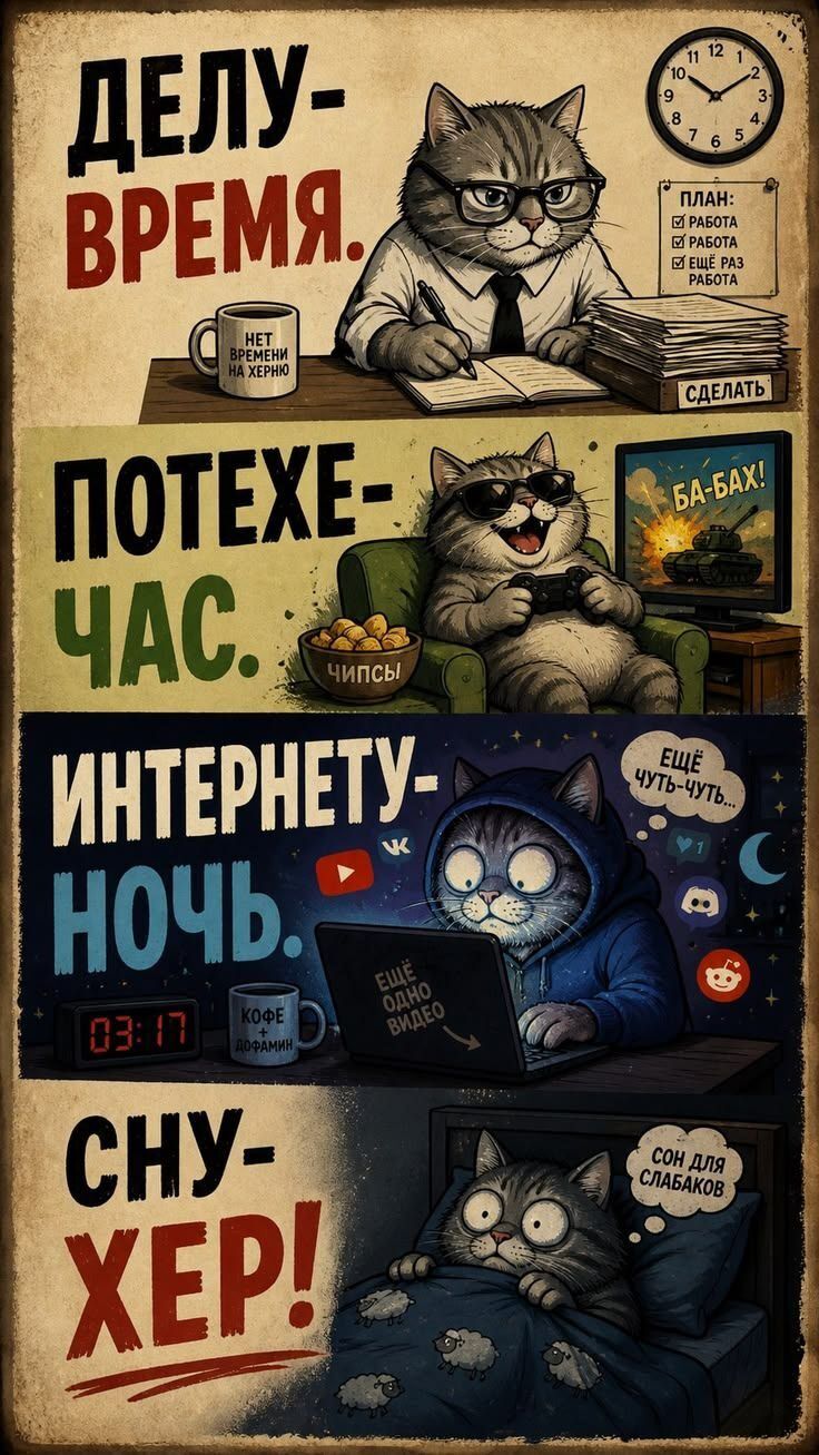 Делу - время. Потехе - час. Интернету - ночь. Сну - хер!