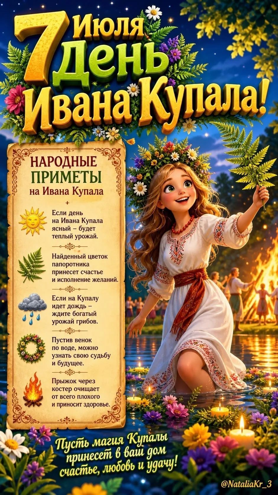 7 ИЮЛЯ ДЕНЬ ИВАНА КУПАЛА! НАРОДНЫЕ ПРИМЕТЫ на Ивана Купала. Если день на Ивана Купала ясный – будет теплый урожай. Найденный цветок папоротника принесет счастье и исполнение желаний. Если на Купалу идет дождь – ждите богатый урожай грибов. Пустив венок по воде, можно узнать свою судьбу и будущее. Прыжок через костер очищает от всего плохого и