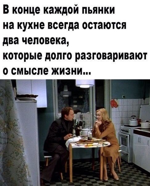 В конце каждой пьянки на кухне всегда остаются два человека, которые долго разговаривают о смысле жизни...