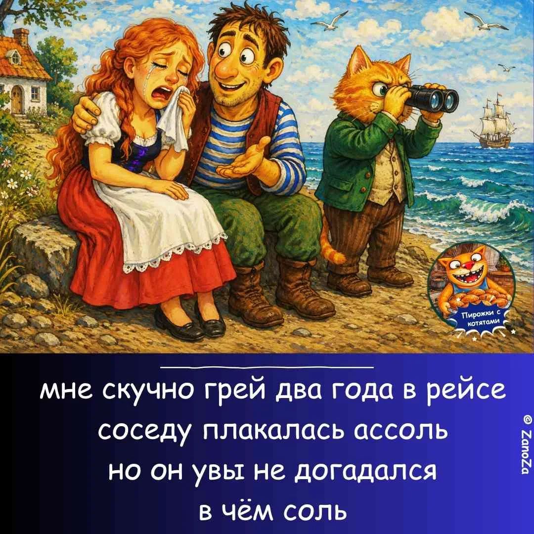 мне скучно грей два года в рейсе соседу плакалась ассоль но он увы не догадался в чём соль Пирожки с котятами