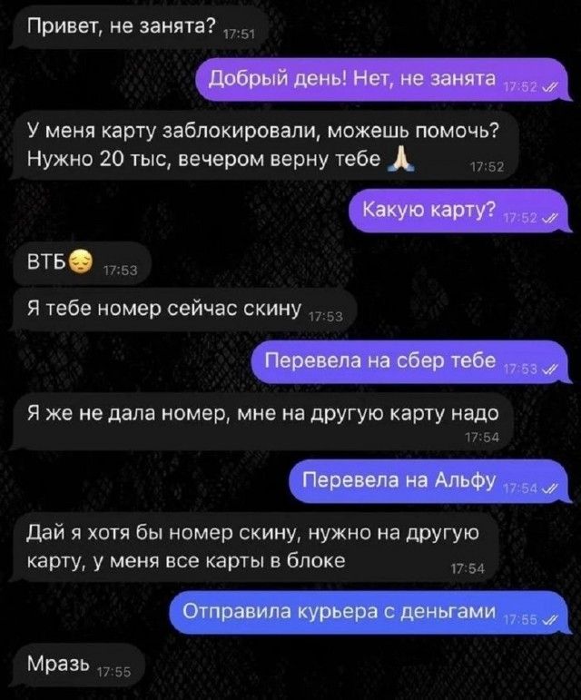 Привет, не занята? Добрый день! Нет, не занята. У меня карту заблокировали, можешь помочь? Нужно 20 тыс, вечером верну тебе. Какую карту? ВТБ. Я тебе номер сейчас скину. Перевела на сбер тебе. Я же не дала номер, мне на другую карту надо. Перевела на Альфу. Дай я хотя бы номер скину, нужно на другую карту, у меня все карты в блоке. Отправила