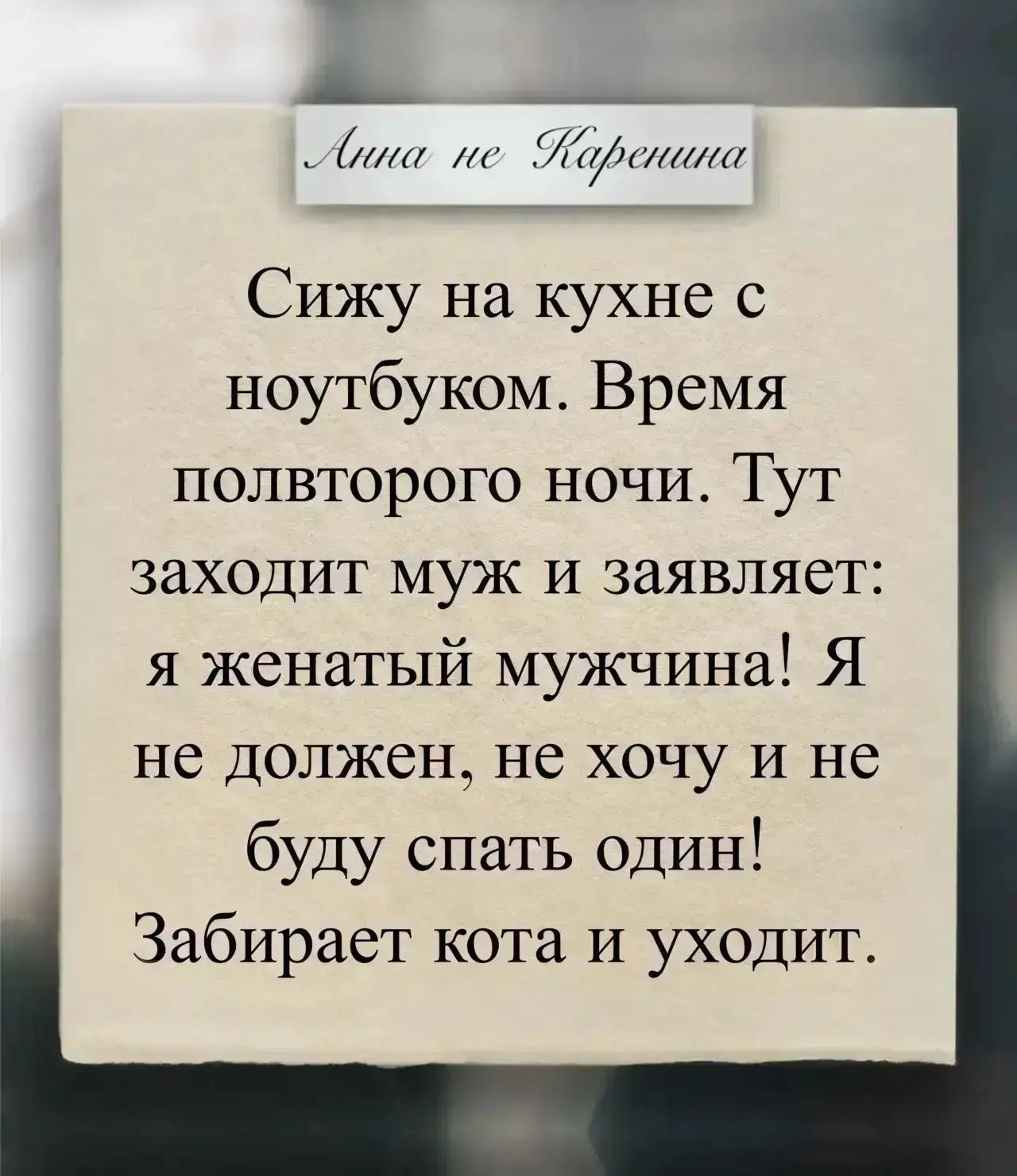 Анна не Каренина Сижу на кухне с ноутбуком. Время полвторого ночи. Тут заходит муж и заявляет: я женатый мужчина! Я не должен, не хочу и не буду спать один! Забирает кота и уходит.