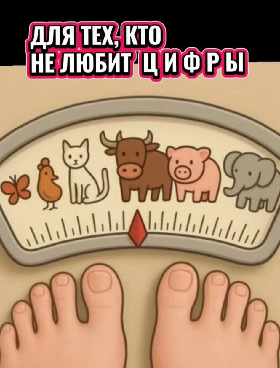 ДЛЯ ТЕХ, КТО НЕ ЛЮБИТ ЦИФРЫ. На весах вместо числовых значений изображены животные: бабочка, курица, кошка, корова, свинья, слон. Стрелка указывает между свиньей и слоном.