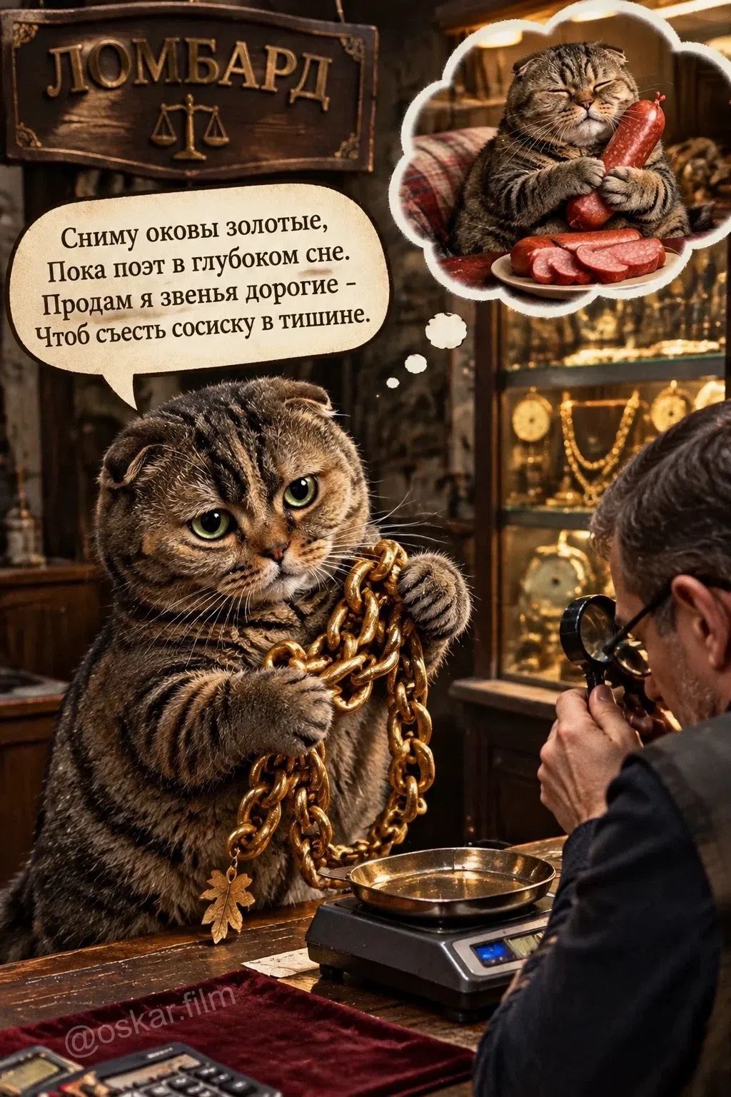 ЛОМБАРД Сниму оковы золотые, Пока поэт в глубоком сне. Продам я звенья дорогие - Чтоб съесть сосиску в тишине. @oskar.film