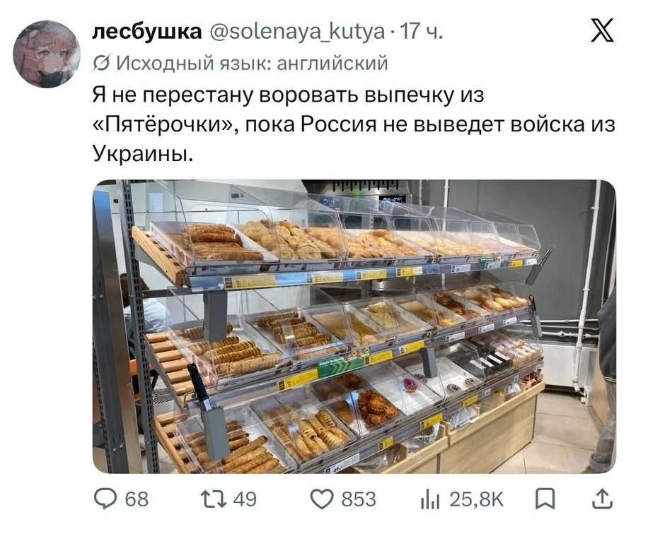лесбушка @solenaya_kutya • 17 ч. Исходный язык: английский Я не перестану воровать выпечку из «Пятёрочки», пока Россия не выведет войска из Украины.