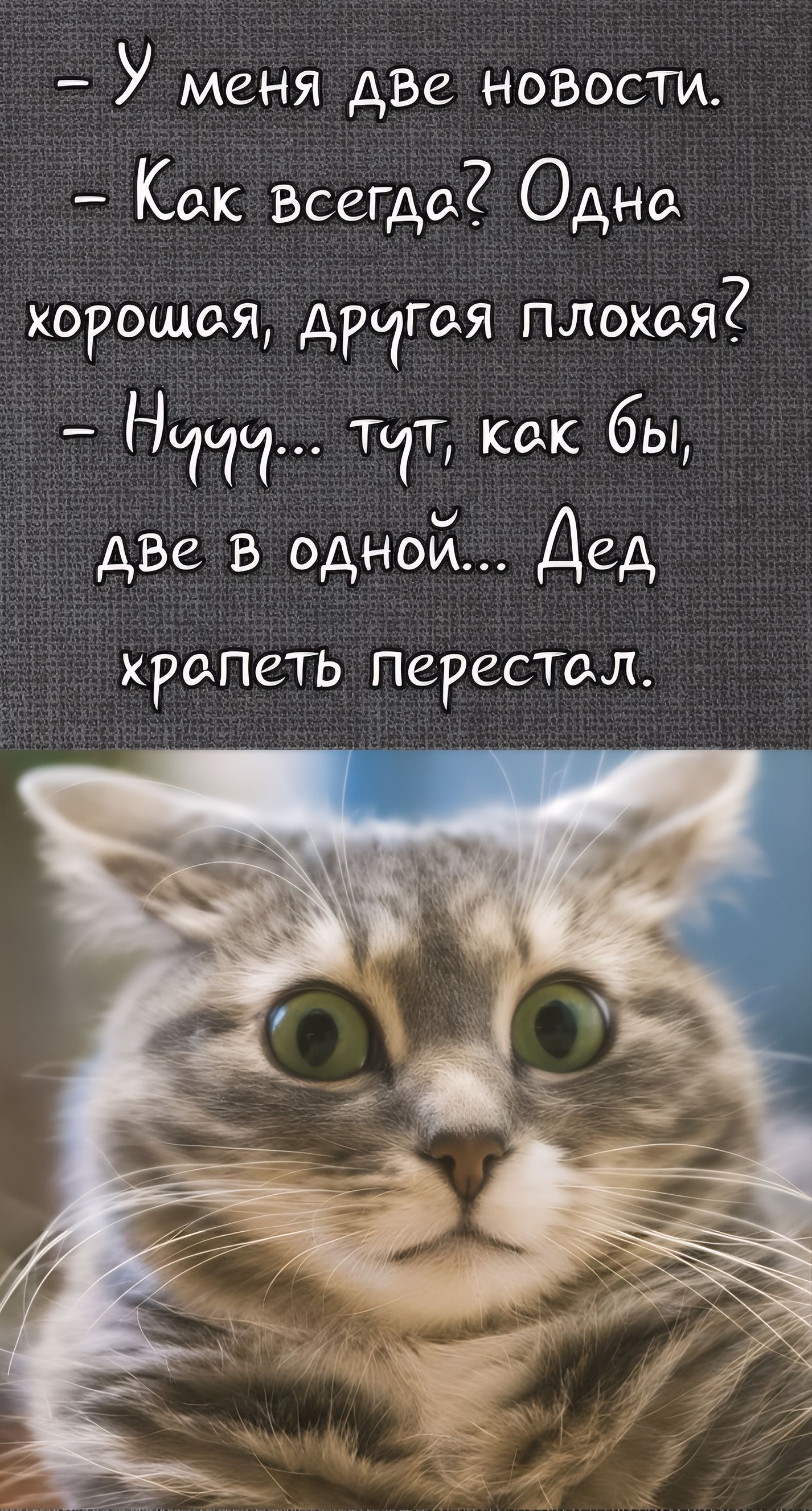 У меня две новости. Как всегда? Одна хорошая, другая плохая? Нууу... тут, как бы, две в одной... Дед храпеть перестал.