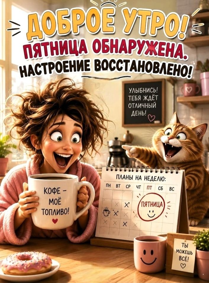 ДОБРОЕ УТРО! ПЯТНИЦА ОБНАРУЖЕНА. НАСТРОЕНИЕ ВОССТАНОВЛЕНО! КОФЕ - МОЁ ТОПЛИВО! ПЛАНЫ НА НЕДЕЛЮ: ПН ВТ СР ЧТ ПТ СБ ВС УЛЫБНИСЬ! ТЕБЯ ЖДЁТ ОТЛИЧНЫЙ ДЕНЬ! ТЫ МОЖЕШЬ ВСЁ!
