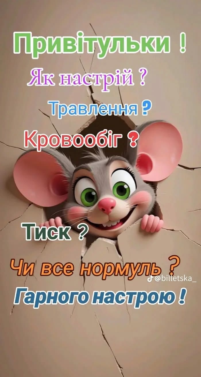 Привітульки! Як настрій? Травлення? Кровообіг? Тиск? Чи все нормуль? Гарного настрою!