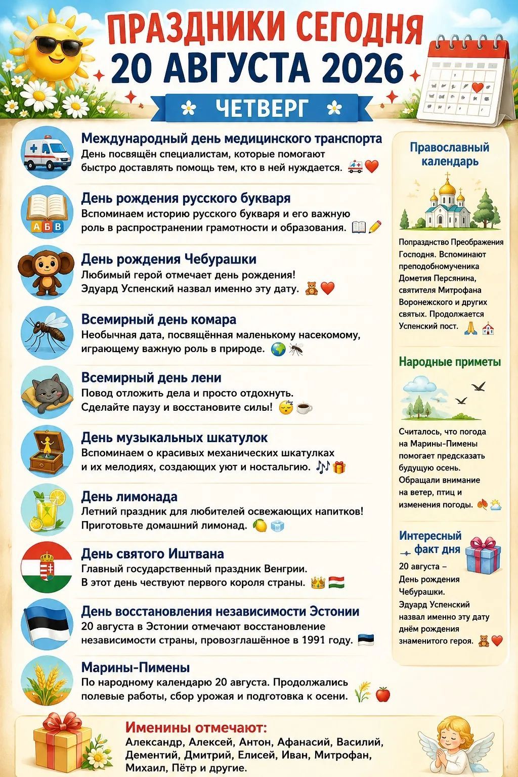 ПРАЗДНИКИ СЕГОДНЯ 20 АВГУСТА 2026 ЧЕТВЕРГ. Международный день медицинского транспорта, День рождения русского букваря, День рождения Чебурашки, Всемирный день комара, Всемирный день лени, День музыкальных шкатулок, День лимонада, День святого Иштвана, День восстановления независимости Эстонии, Марины-Пимены. Именины отмечают: Александр, Алексей,