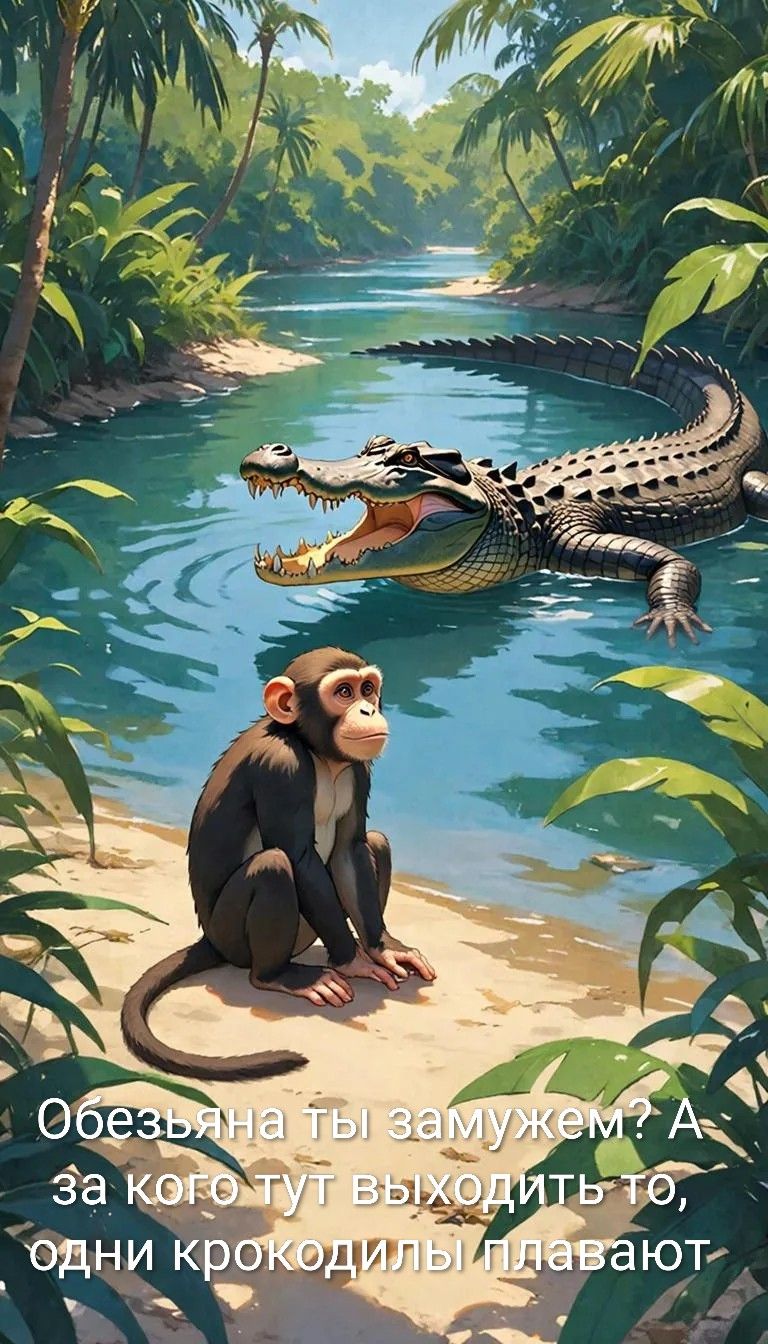 Обезьяна ты замужем? А за кого тут выходить-то, одни крокодилы плавают.