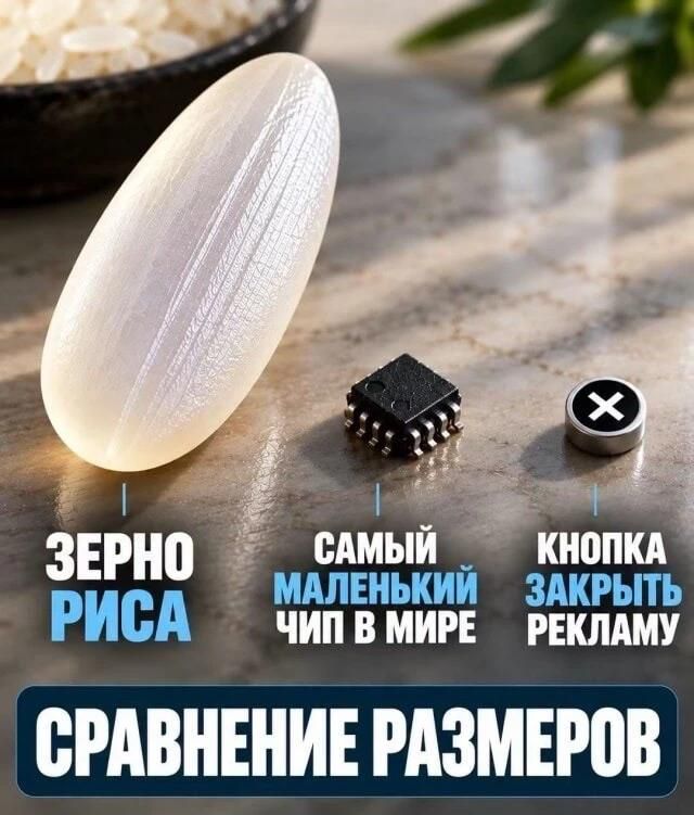ЗЕРНО РИСА САМЫЙ МАЛЕНЬКИЙ ЧИП В МИРЕ КНОПКА ЗАКРЫТЬ РЕКЛАМУ СРАВНЕНИЕ РАЗМЕРОВ