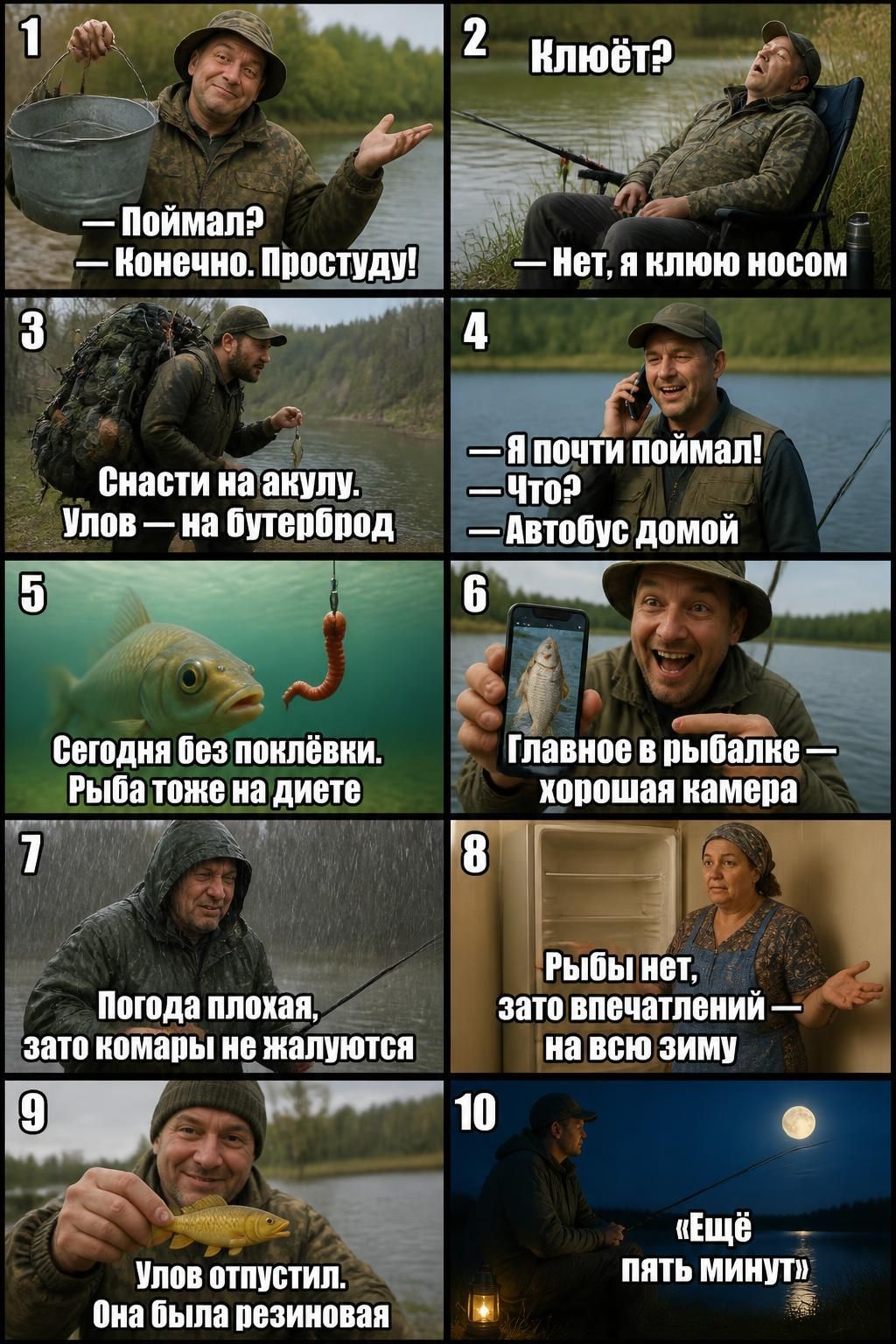 1. Поймал? Конечно. Простуду! 2. Клюёт? Нет, я клюю носом. 3. Снасти на акулу. Улов — на бутерброд. 4. Я почти поймал! Что? Автобус домой. 5. Сегодня без поклёвки. Рыба тоже на диете. 6. Главное в рыбалке — хорошая камера. 7. Погода плохая, зато комары не жалуются. 8. Рыбы нет, зато впечатлений — на всю зиму. 9. Улов отпустил. Она была резиновая.