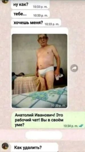 ну как? тебе... хочешь меня? Анатолий Иванович! Это рабочий чат! Вы в своём уме? Как удалить?