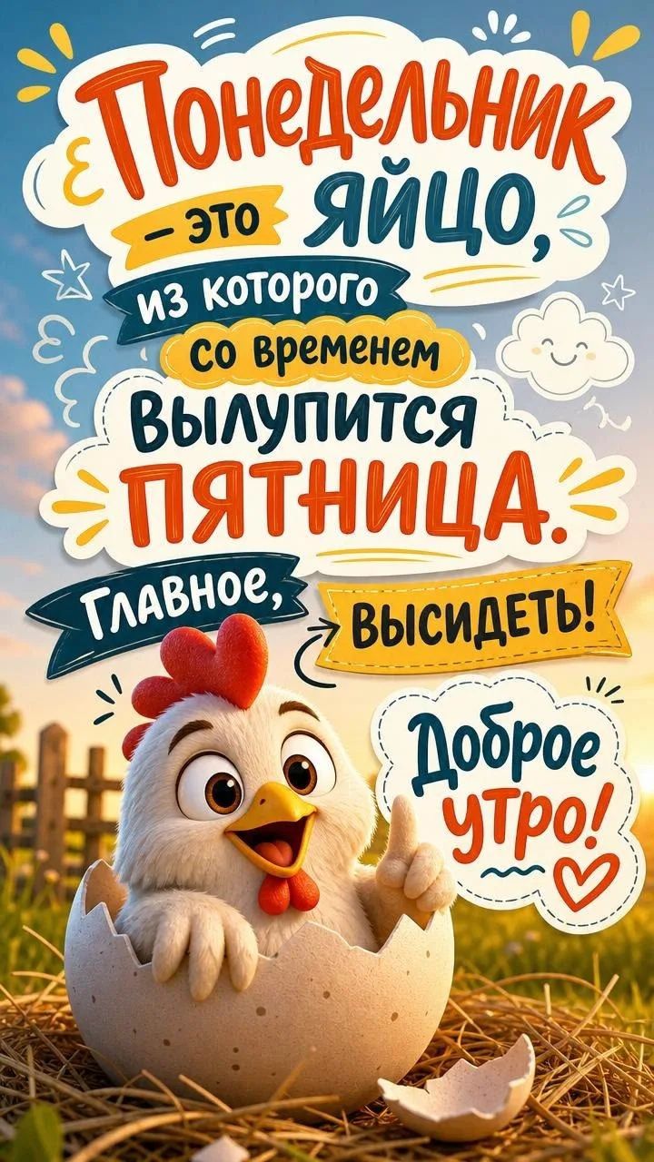 Понедельник — это яйцо, из которого со временем вылупится пятница. Главное, высидеть! Доброе утро!