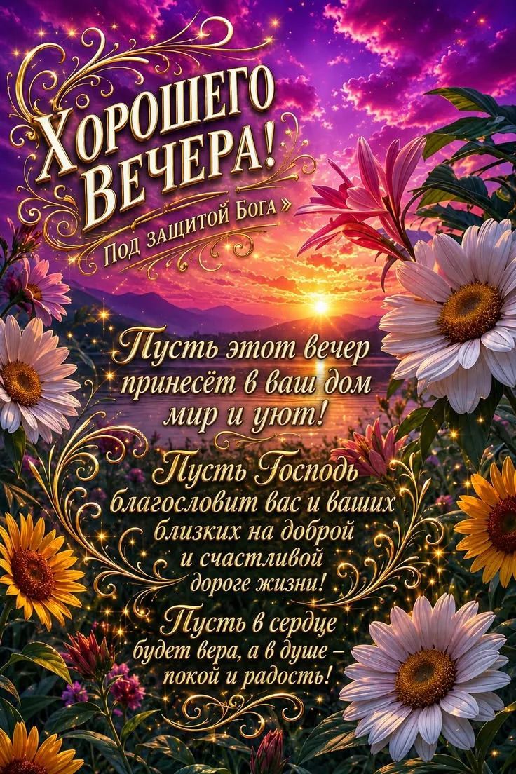 ХОРОШЕГО ВЕЧЕРА! Под защитой Бога. Пусть этот вечер принесёт в ваш дом мир и уют! Пусть Господь благословит вас и ваших близких на доброй и счастливой дороге жизни! Пусть в сердце будет вера, а в душе – покой и радость!