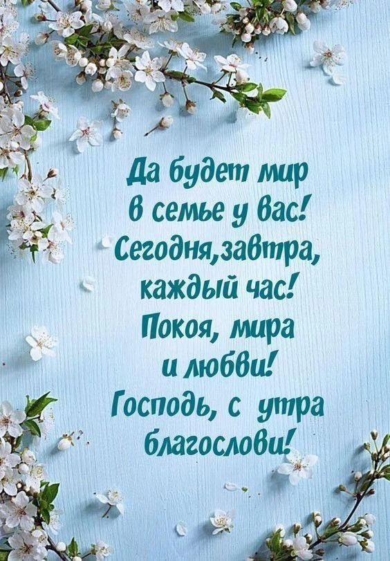 Да будет мир в семье у вас! Сегодня, завтра, каждый час! Покоя, мира и любви! Господь, с утра благослови!