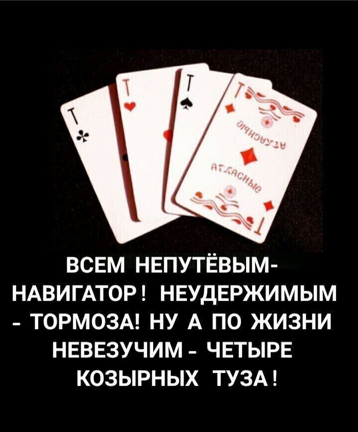 ВСЕМ НЕПУТЁВЫМ- НАВИГАТОР! НЕУДЕРЖИМЫМ - ТОРМОЗА! НУ А ПО ЖИЗНИ НЕВЕЗУЧИМ - ЧЕТЫРЕ КОЗЫРНЫХ ТУЗА!