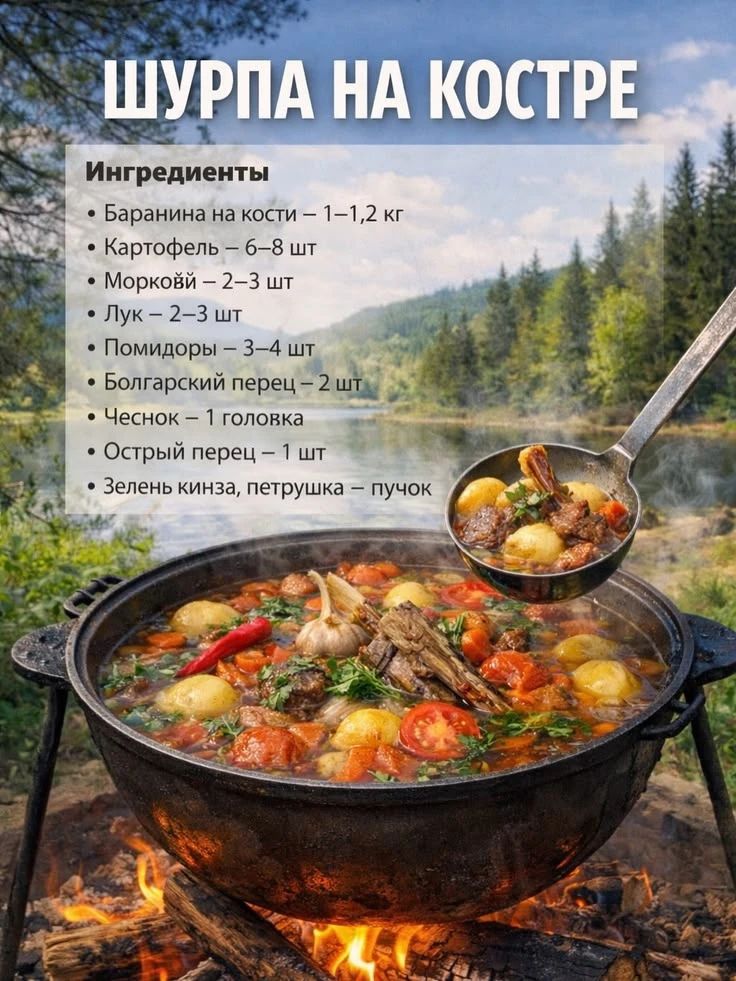 ШУРПА НА КОСТРЕ Ингредиенты Баранина на кости – 1–1,2 кг Картофель – 6–8 шт Морковь – 2–3 шт Лук – 2–3 шт Помидоры – 3–4 шт Болгарский перец – 2 шт Чеснок – 1 головка Острый перец – 1 шт Зелень кинза, петрушка – пучок