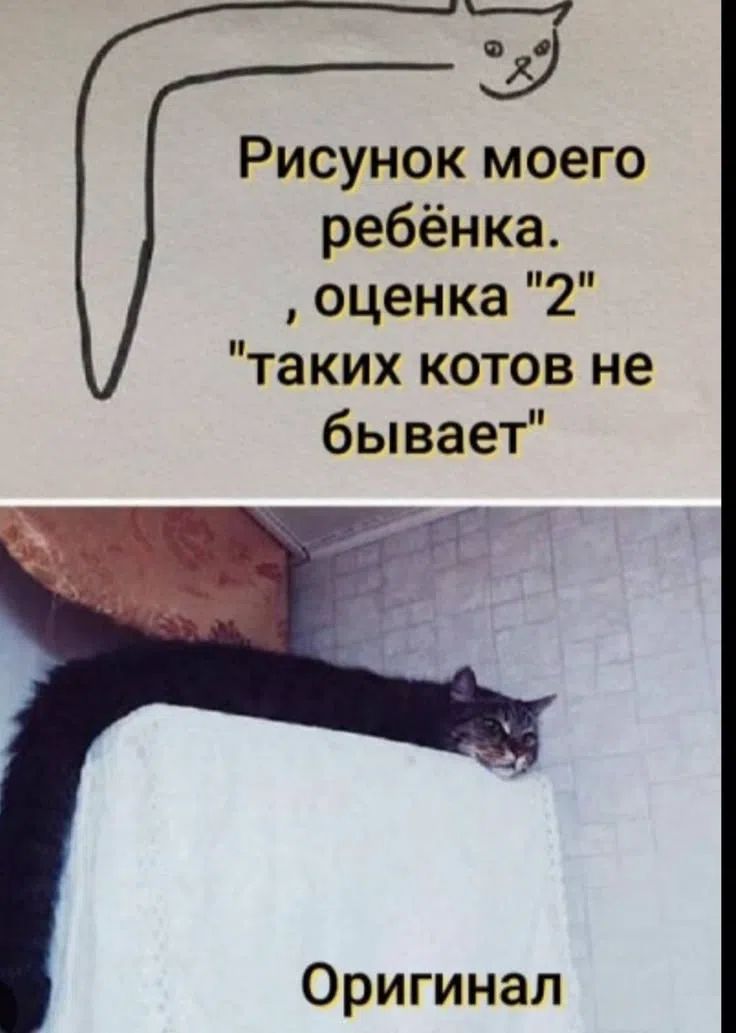 Рисунок моего ребёнка, оценка 2, таких котов не бывает. Оригинал