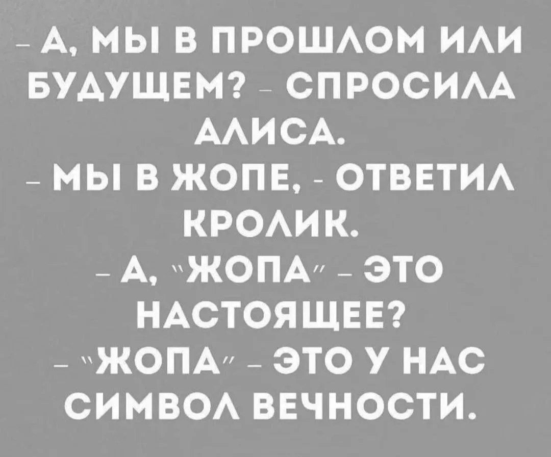 — А, мы в прошлом или будущем? — спросила Алиса.
— Мы в жопе, — ответил кролик.
— А, «жопа» — это настоящее?
— «Жопа» — это у нас символ вечности.