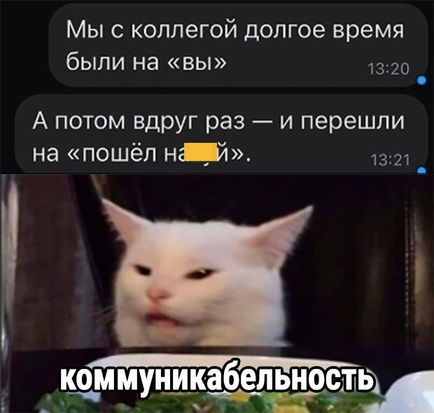 Мы с коллегой долгое время были на «вы» 13:20 А потом вдруг раз — и перешли на «пошёл на [замазано]й» 13:21 коммуникабельность