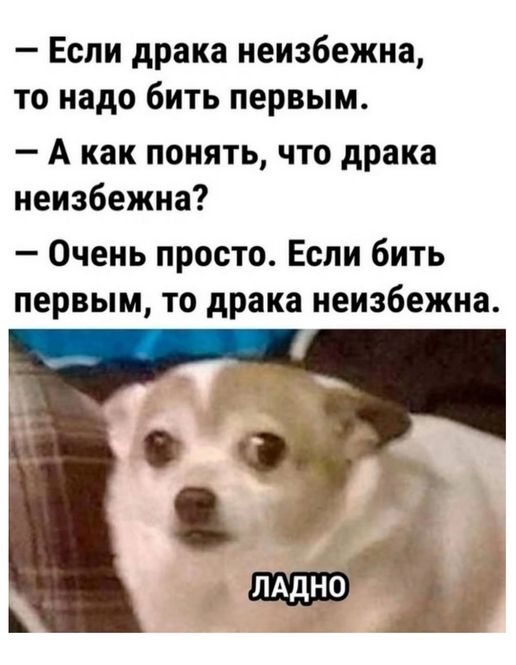 – Если драка неизбежна, то надо бить первым.
– А как понять, что драка неизбежна?
– Очень просто. Если бить первым, то драка неизбежна.
ЛАДНО