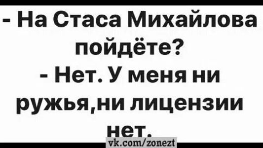 - На Стаса Михайлова пойдёте? - Нет. У меня ни ружья,ни лицензии нет. vk.com/zonezt