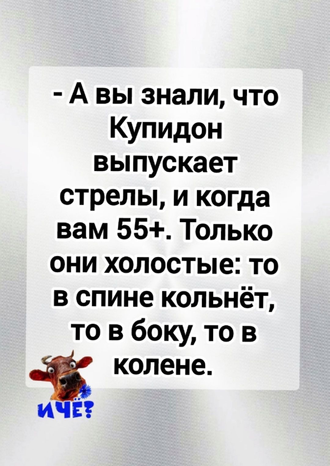 - А вы знали, что Купидон выпускает стрелы, и когда вам 55+. Только они холостые: то в спине кольнёт, то в боку, то в колене. И ЧЕ?