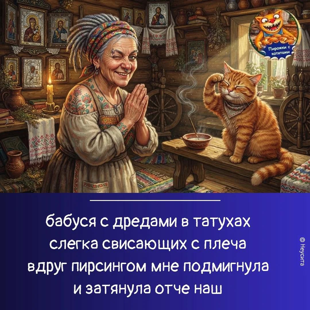 Пирожки с котятами. бабуся с дредами в татухах слегка свисающих с плеча вдруг пирсингом мне подмигнула и затянула отче наш