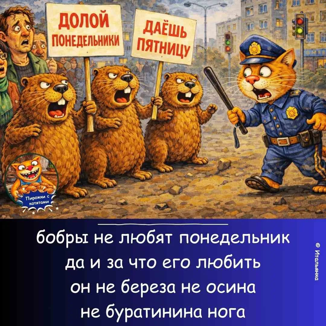 ДОЛОЙ ПОНЕДЕЛЬНИКИ ДАЁШЬ ПЯТНИЦУ Пирожки с котятами бобры не любят понедельник да и за что его любить он не береза не осина не буратинина нога