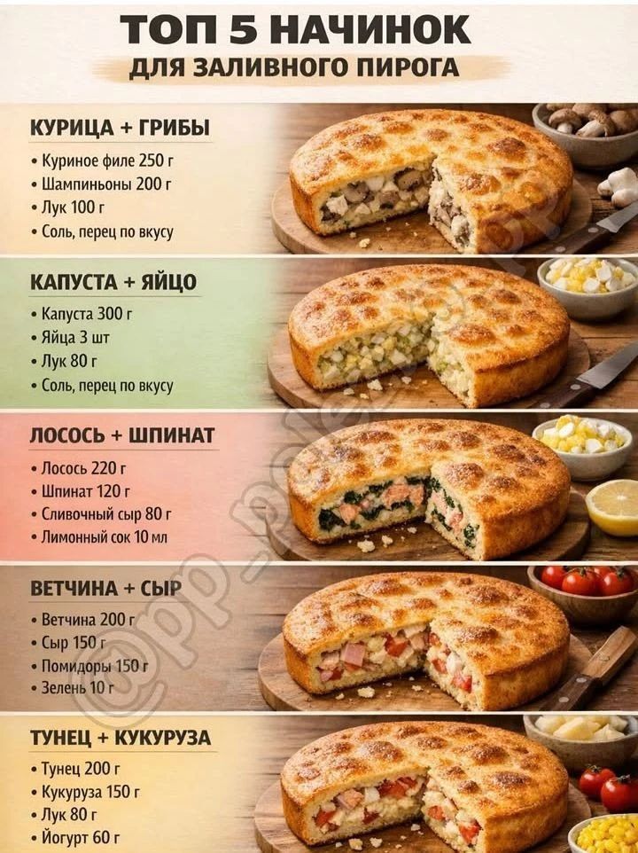 ТОП 5 НАЧИНОК для заливного пирога. КУРИЦА + ГРИБЫ: Куриное филе 250 г, Шампиньоны 200 г, Лук 100 г, Соль, перец по вкусу. КАПУСТА + ЯЙЦО: Капуста 300 г, Яйца 3 шт, Лук 80 г, Соль, перец по вкусу. ЛОСОСЬ + ШПИНАТ: Лосось 220 г, Шпинат 120 г, Сливочный сыр 80 г, Лимонный сок 10 мл. ВЕТЧИНА + СЫР: Ветчина 200 г, Сыр 150 г, Помидоры 150 г, Зелень 10