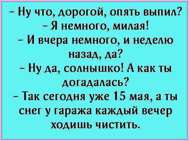 Ну что, дорогой, опять выпил? - Я немного, милая! - И вчера немного, и неделю назад, да? - Ну да, солнышко! А как ты догадалась? - Так сегодня уже 15 мая, а ты снег у гаража каждый вечер ходишь чистить.