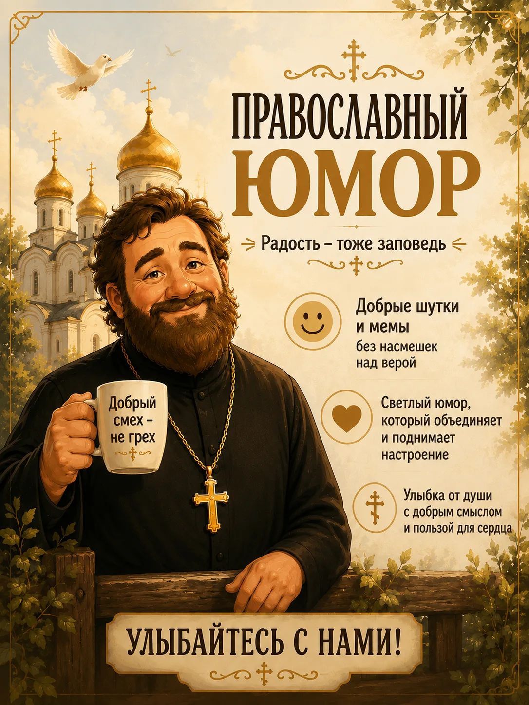 ПРАВОСЛАВНЫЙ ЮМОР Радость – тоже заповедь Добрые шутки и мемы без насмешек над верой Светлый юмор, который объединяет и поднимает настроение Улыбка от души с добрым смыслом и пользой для сердца УЛЫБАЙТЕСЬ С НАМИ! Добрый смех – не грех