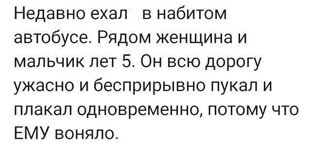 Недавно ехал в набитом автобусе. Рядом женщина и мальчик лет 5. Он всю дорогу ужасно и бесприрывно пукал и плакал одновременно, потому что ЕМУ воняло.