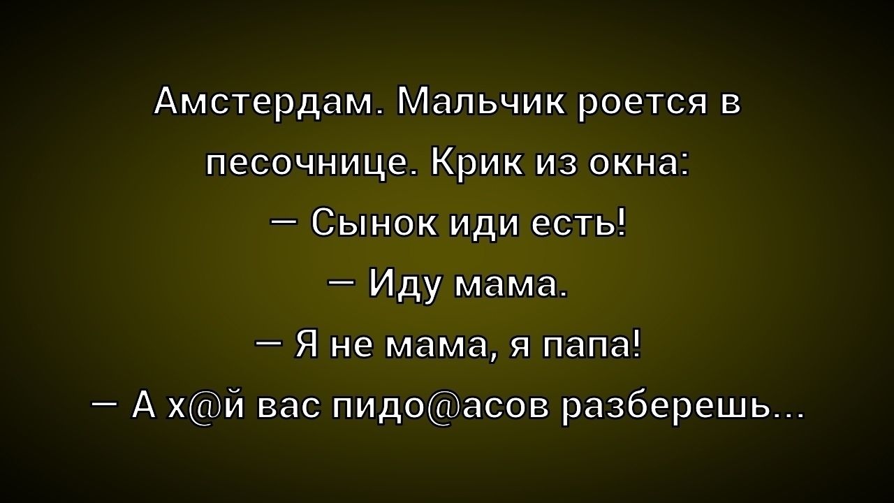 Амстердам. Мальчик роется в песочнице. Крик из окна: — Сынок иди есть! — Иду мама. — Я не мама, я папа! — А х@й вас пидо@асов разберешь...