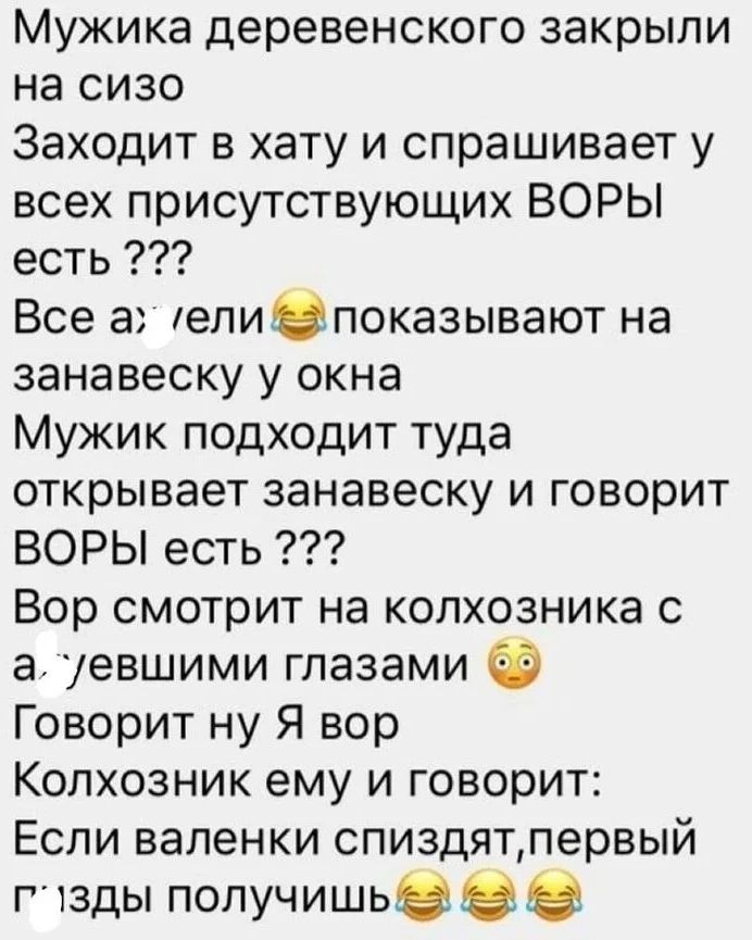Мужика деревенского закрыли на сизо Заходит в хату и спрашивает у всех присутствующих ВОРЫ есть ??? Все ахренели показывают на занавеску у окна Мужик подходит туда открывает занавеску и говорит ВОРЫ есть ??? Вор смотрит на колхозника с ахуевшими глазами Говорит ну Я вор Колхозник ему и говорит: Если валенки спиздят, первый пизды получишь